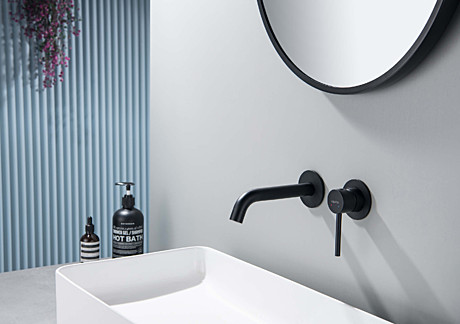 Смеситель Европа для раковины настенный 2 отв., внешняя и скрытая часть, цвет черный матовый, Aquate