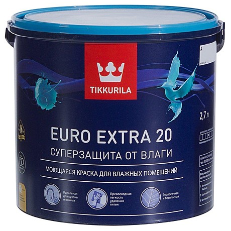Краска для влажных помещений Tikkurila Euro Extra 20 A полуматовая (2,7 л)