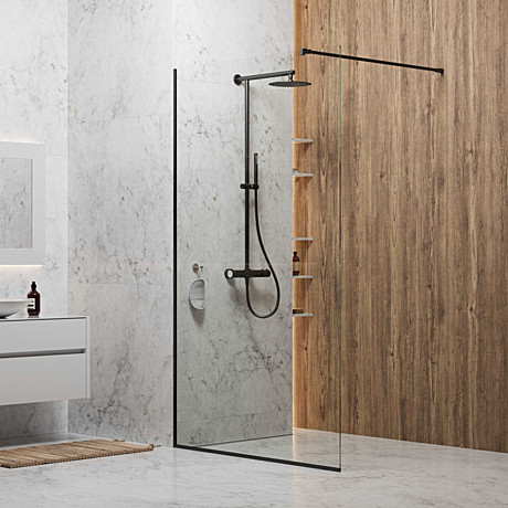 Душевая стенка SKY BLACK 800x2000 прозрачное стекло, 8мм, профиль черный, Berges 064008