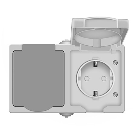 Розетка о/у Аллегро 1272, 2 гнезда, горизонтальная, с/з, з/ш и крышкой, IP54, серая